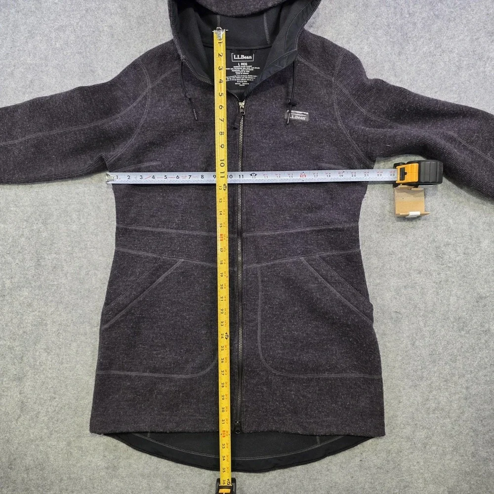 L.L.Bean Wooltek Coat Womens L Gray Wool Blend Fleece Hooded Full Zip Mid Length